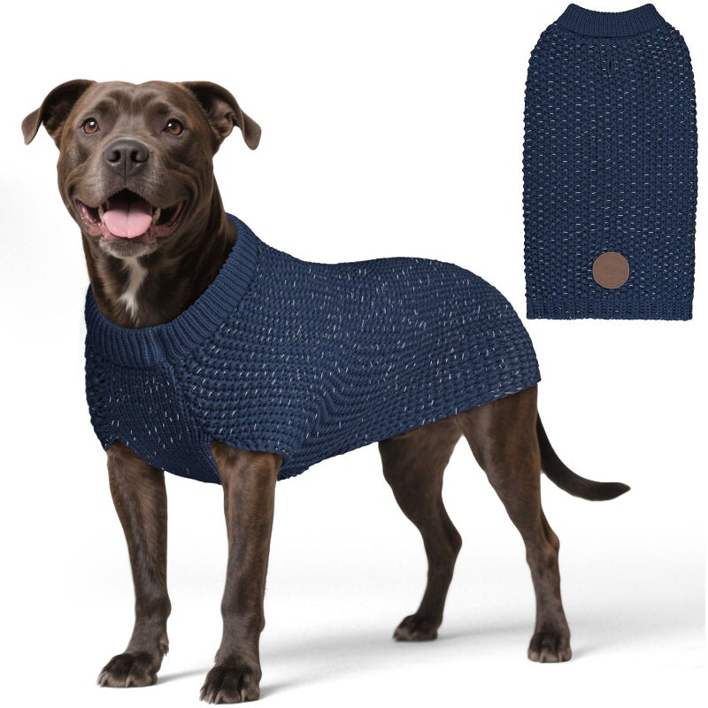 KYEESE Dog Sweater with Leash Hole Warm Pullover with Reflective Yarn for Small and Medium Dogs Male Soft Knit Pullover Boy Dog Coats Cozy Lightweight Thick Sweater,Navy Blue,Large - Image 1
